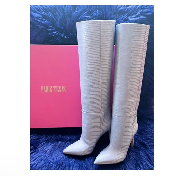 New! PARIS TEXAS 105mm Snakeskin Lizard Effect Knee High Leather Boots in Denim - Picture 3 of 16